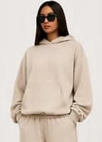 Beige hoodie — womens fit, front